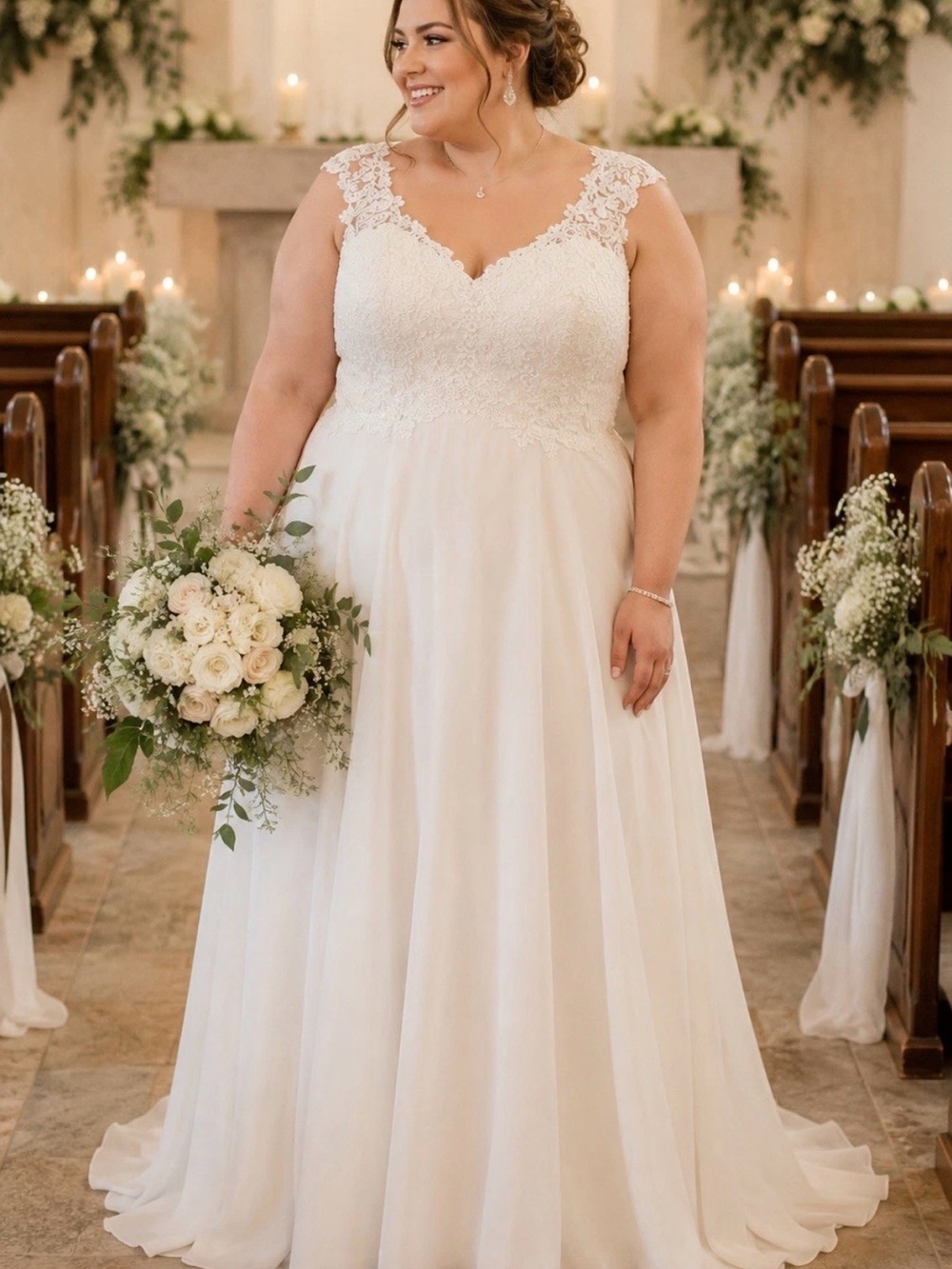 Plus-Size Lace Bodice White Wedding Gown with Cap Sleeves